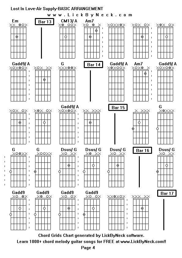 Chord Grids Chart of chord melody fingerstyle guitar song-Lost In Love-Air Supply-BASIC ARRANGEMENT,generated by LickByNeck software.